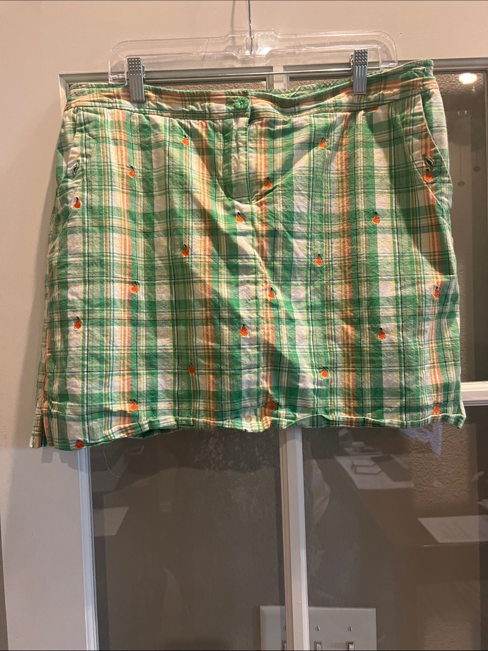 Women's Green Plaid Skort with Orange Embroidered Dots